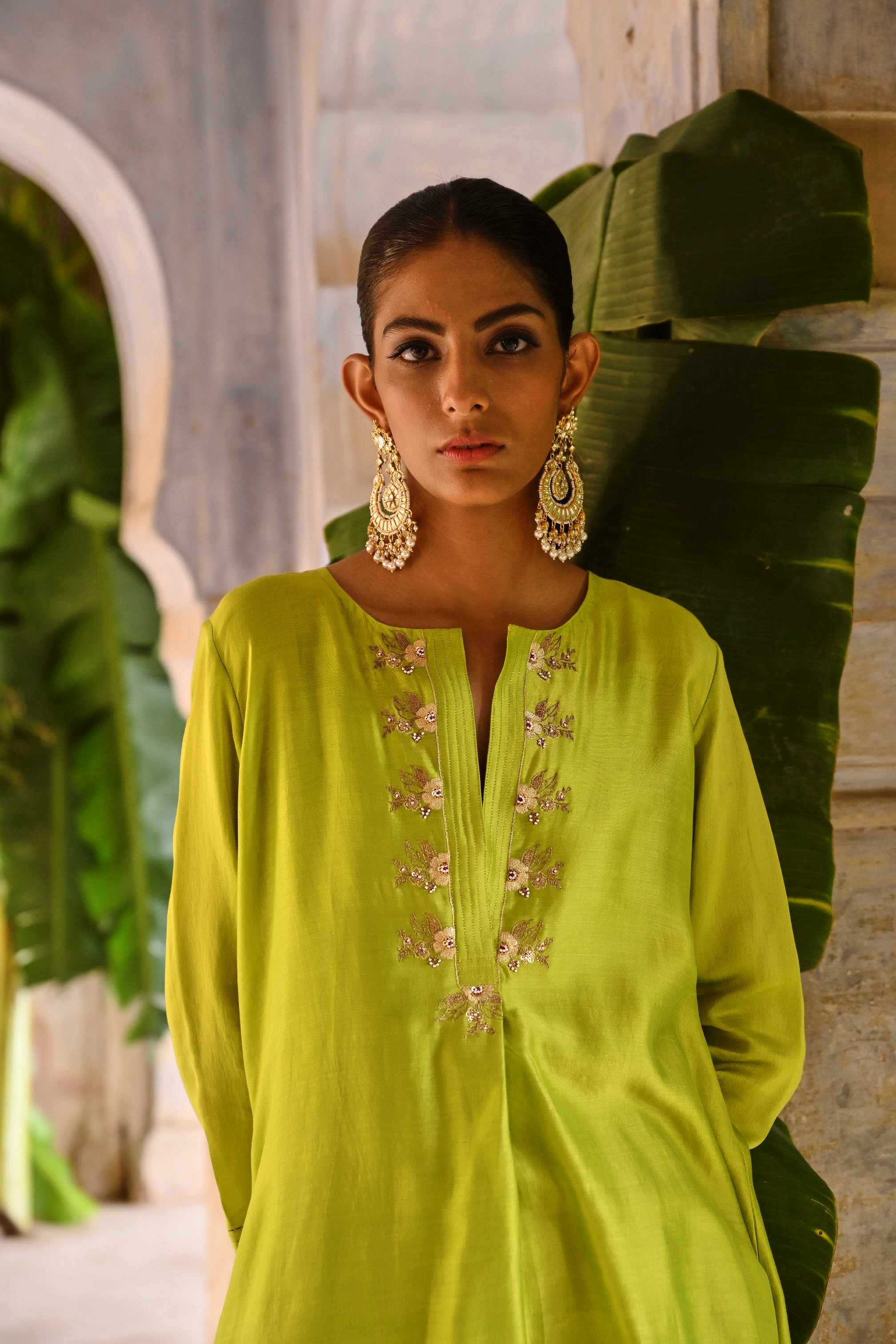 pintucked long kurta - lime green & dainty dots | Stylish dress designs,  Linen dress women, Kurti designs party wear